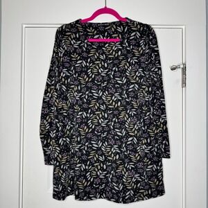 Gudrun Sjoden Shirt Womens Large Black Leaf Print Tunic Organic Cotton